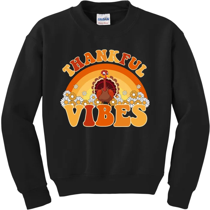 Retro Thanksgiving Thankful Vibes Turkey Sunset Kids Sweatshirt