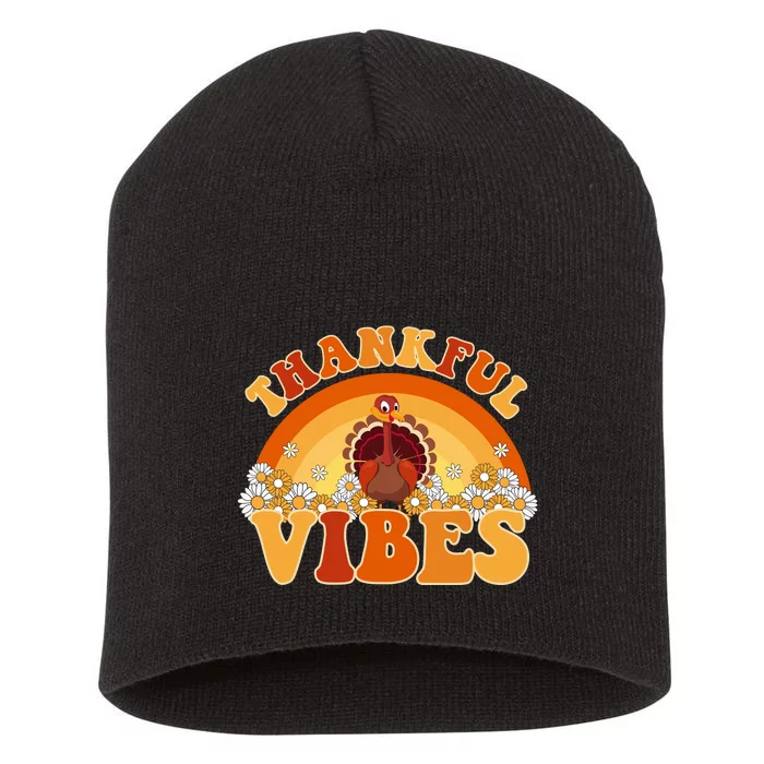 Retro Thanksgiving Thankful Vibes Turkey Sunset Short Acrylic Beanie