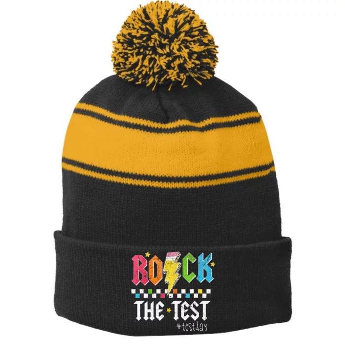 Rock The Test Testing Day Retro Motivational Teacher Stripe Pom Pom Beanie