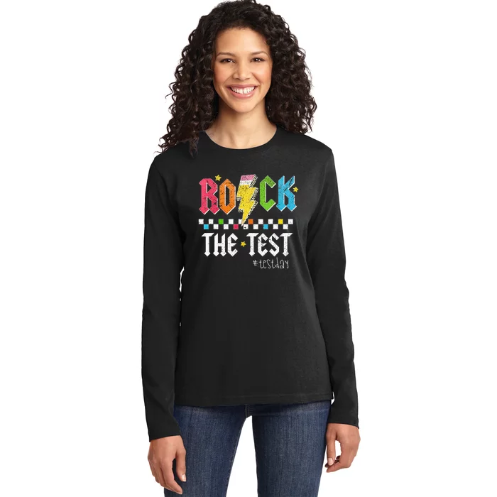 Rock The Test Testing Day Retro Motivational Teacher Ladies Long Sleeve Shirt