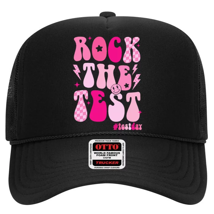 Rock The Test Testing Day Retro Motivational High Crown Mesh Trucker Hat