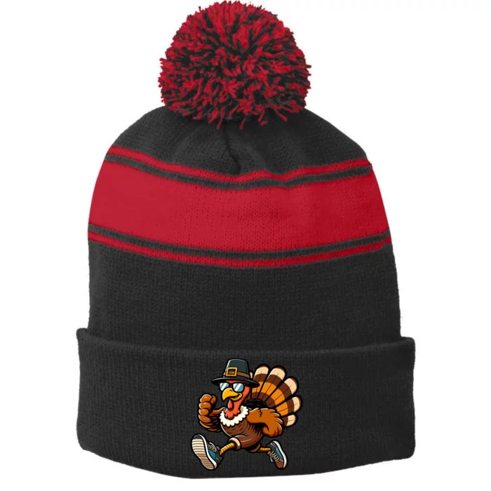 Running Turkey Turkey Trot Running Thanksgiving Stripe Pom Pom Beanie