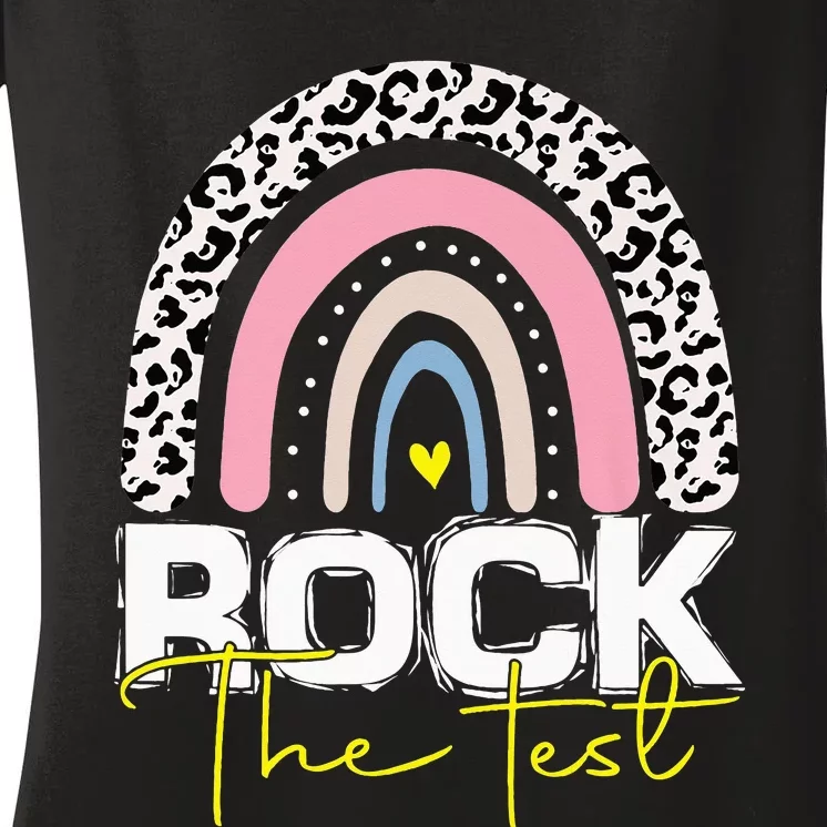 rock the test,test day teacher rainbow leopard, testing day Women's V-Neck T-Shirt