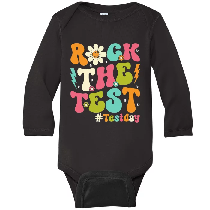 Rock The Test Motivational Retro Teachers Baby Long Sleeve Bodysuit