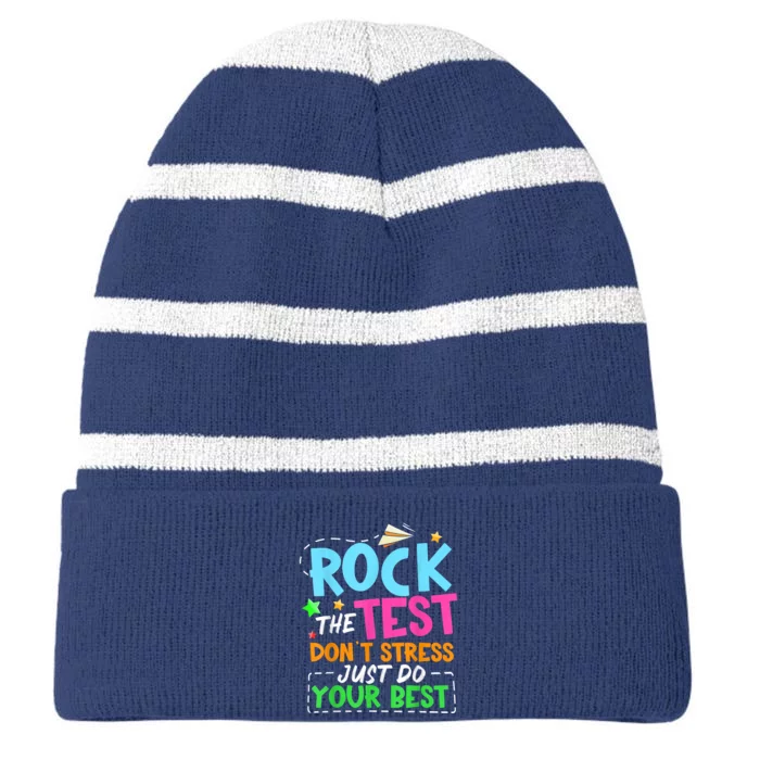 Rock The Test Don't Stress Just Do Your Best Teacher Striped Beanie with Solid Band