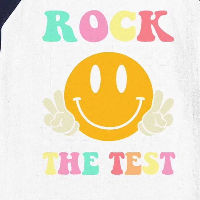 Rock The Test Retro Smile Teacher Testing Test Day Baseball Sleeve Shirt