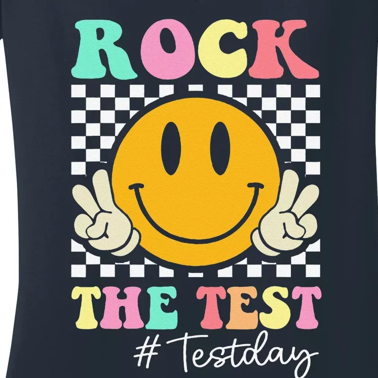 Rock The Test Retro Smile Teacher Testing Test Day Women's V-Neck T-Shirt