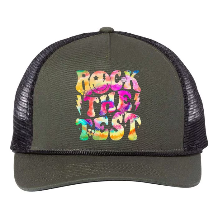 Rock The Test Testing Day Retro Hippie Motivational Teacher Retro Rope Trucker Hat Cap