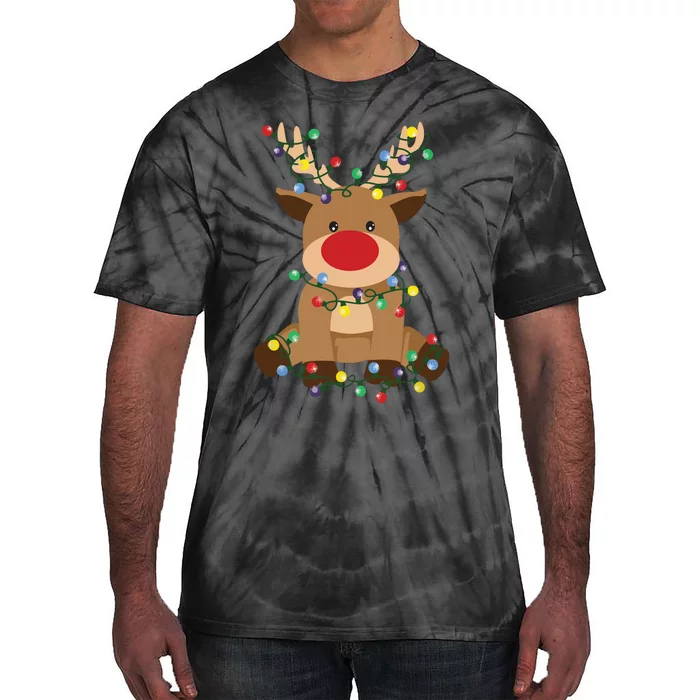 Rudolph Tangled Up In Christmas Tree Lights Holiday Reindeer Tie-Dye T-Shirt