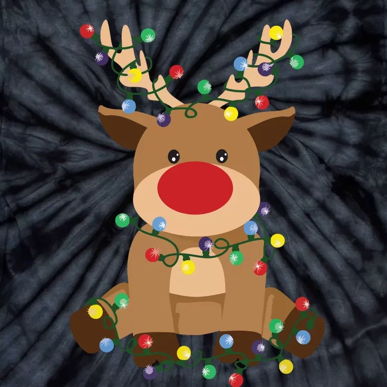 Rudolph Tangled Up In Christmas Tree Lights Holiday Reindeer Tie-Dye T-Shirt