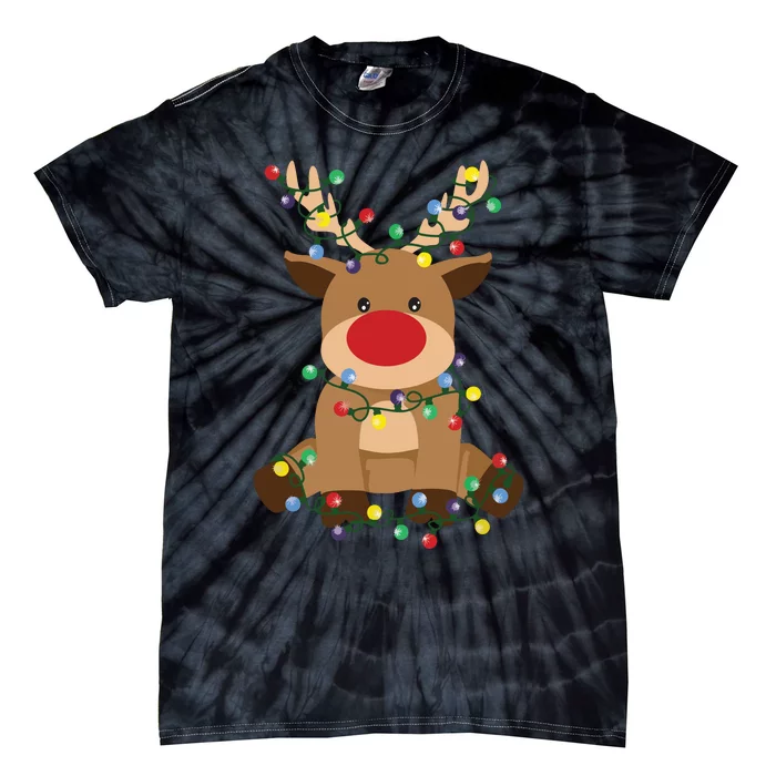 Rudolph Tangled Up In Christmas Tree Lights Holiday Reindeer Tie-Dye T-Shirt