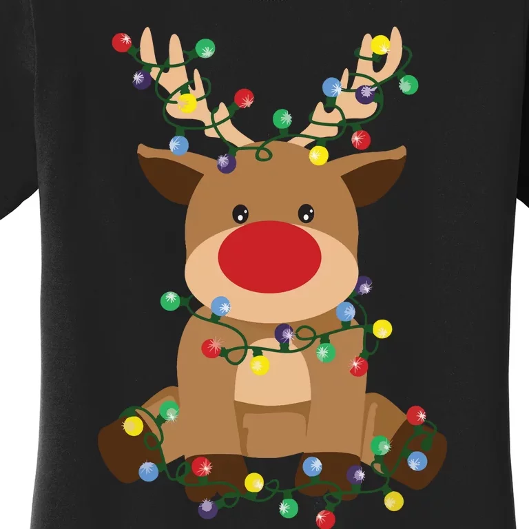 Rudolph Tangled Up In Christmas Tree Lights Holiday Reindeer Women's T-Shirt