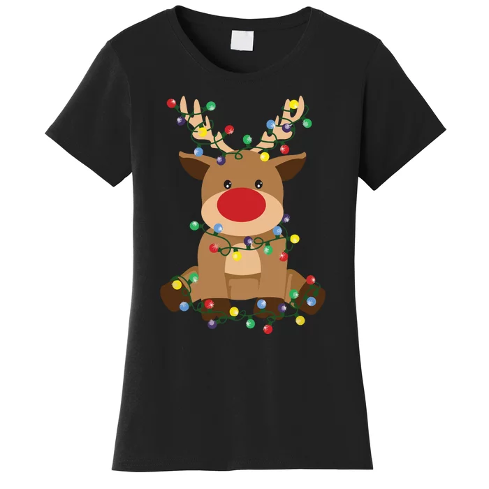 Rudolph Tangled Up In Christmas Tree Lights Holiday Reindeer Women's T-Shirt