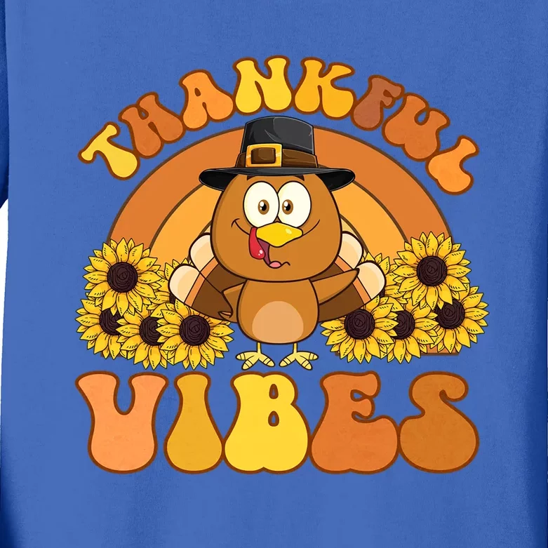 Retro Thankful Vibes Autumn Groovy Thanksgiving Turkey Gift Kids Long Sleeve Shirt