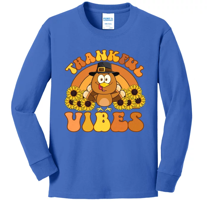 Retro Thankful Vibes Autumn Groovy Thanksgiving Turkey Gift Kids Long Sleeve Shirt