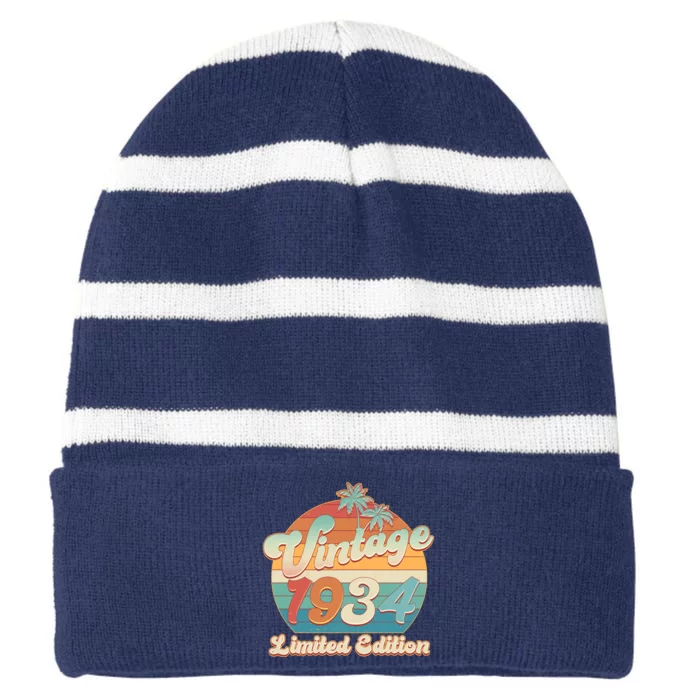 Retro Tropical Vintage 1934 Limited Edition 90th Birthday Striped Beanie with Solid Band