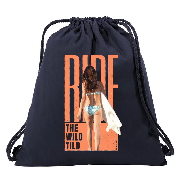 Ride The Wild Woman Surfing Drawstring Bag