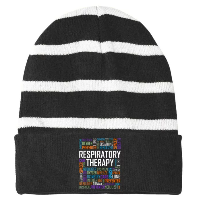 Respiratory Therapist Words Therapy Care Week Striped Beanie with Solid Band