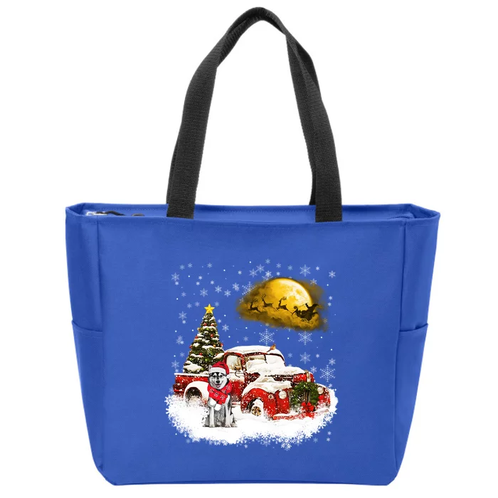 Red Truck Xmas Tree Husky Dog Merry Christmas Cool Gift Zip Tote Bag