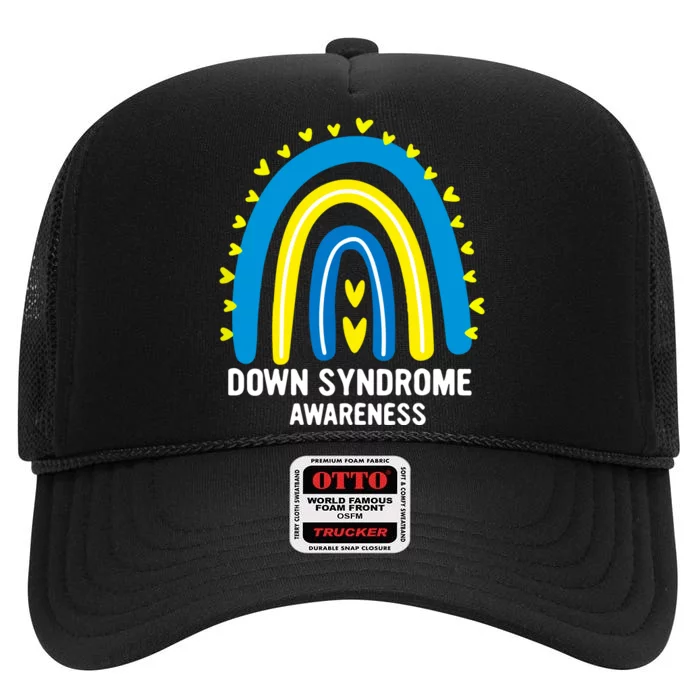 Rainbow T21 Yellow Blue Ribbon Gift Down Syndrome Awareness High Crown Mesh Trucker Hat