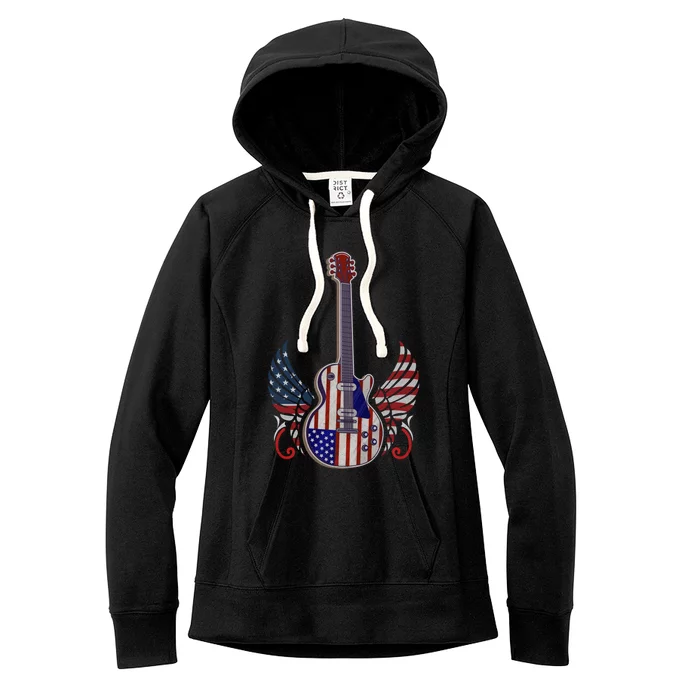 Retro Usa American Flag Guitar Rock On Patriotic 4th Of July Gift Women's Fleece Hoodie