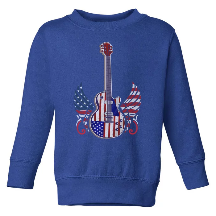 Retro Usa American Flag Guitar Rock On Patriotic 4th Of July Gift Toddler Sweatshirt