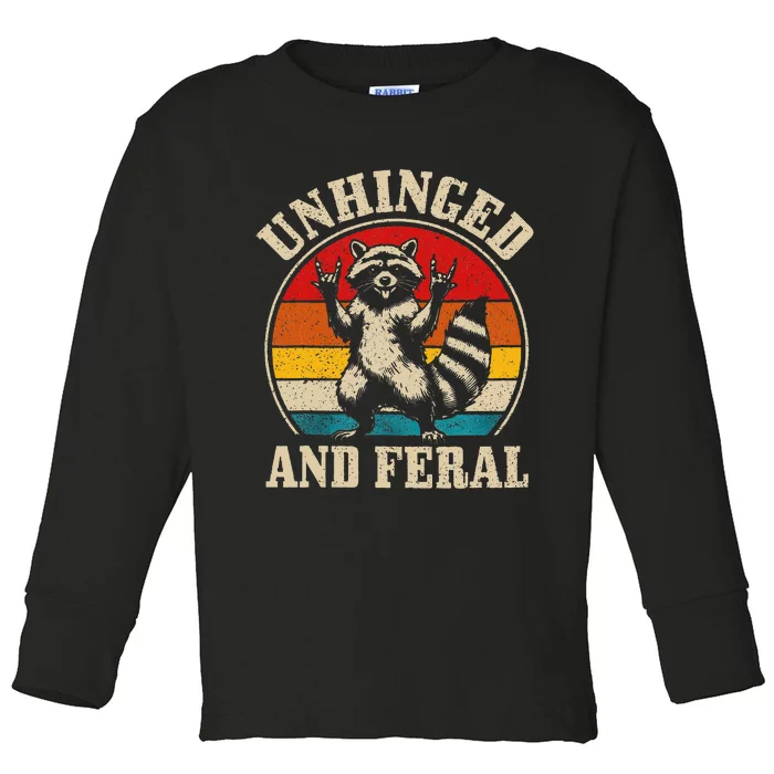 Raccoon Unhinged And Feral Retro Funny Raccoon Feral Summer Toddler Long Sleeve Shirt