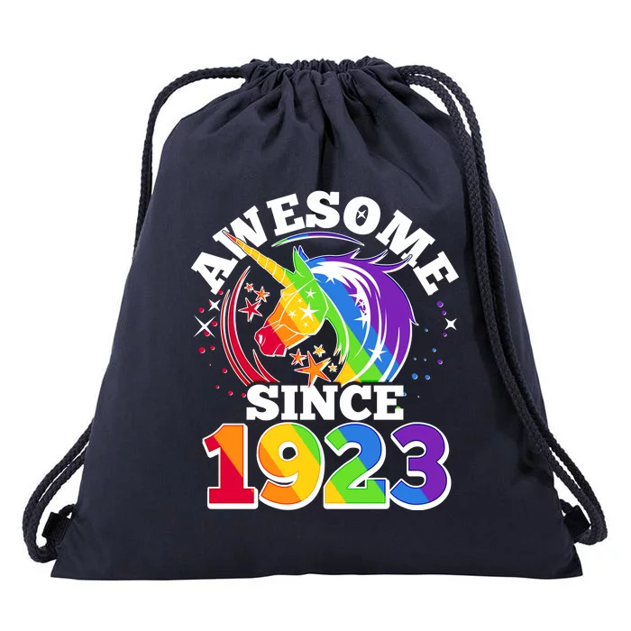 Rainbow Unicorn Awesome Since 1923 100th Birthday Drawstring Bag