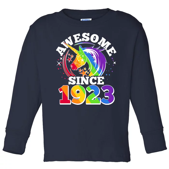 Rainbow Unicorn Awesome Since 1923 100th Birthday Toddler Long Sleeve Shirt