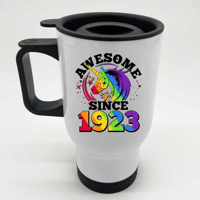 Rainbow Unicorn Awesome Since 1923 100th Birthday Front & Back Stainless Steel Travel Mug