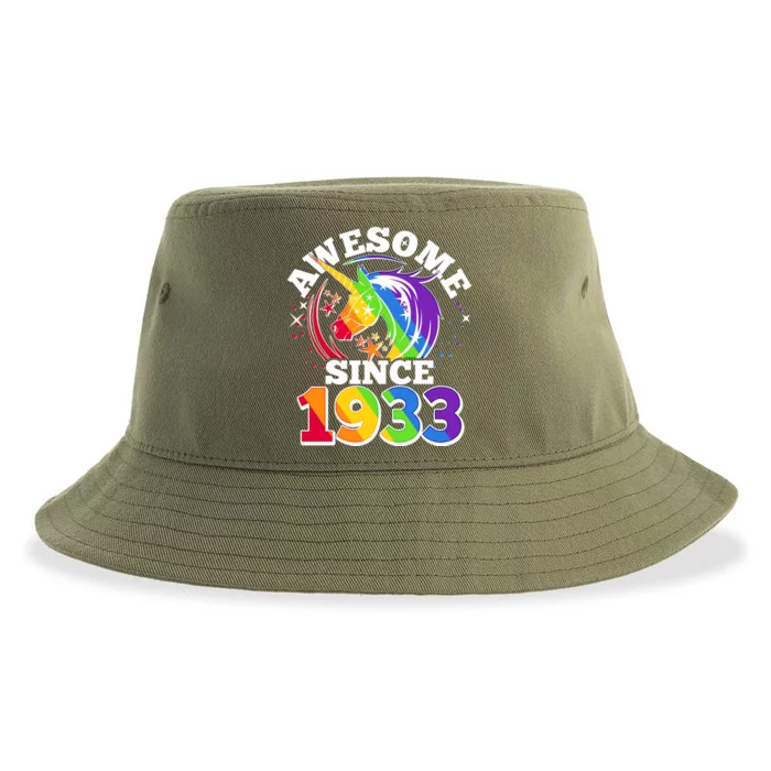 Rainbow Unicorn Awesome Since 1933 90th Birthday Sustainable Bucket Hat