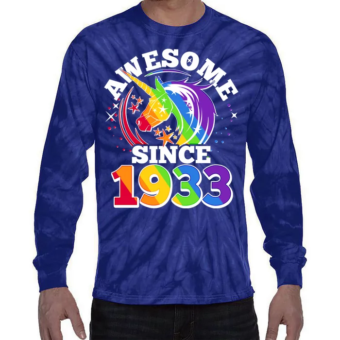 Rainbow Unicorn Awesome Since 1933 90th Birthday Tie-Dye Long Sleeve Shirt