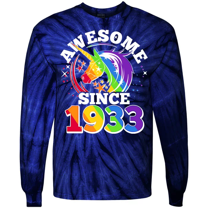 Rainbow Unicorn Awesome Since 1933 90th Birthday Tie-Dye Long Sleeve Shirt