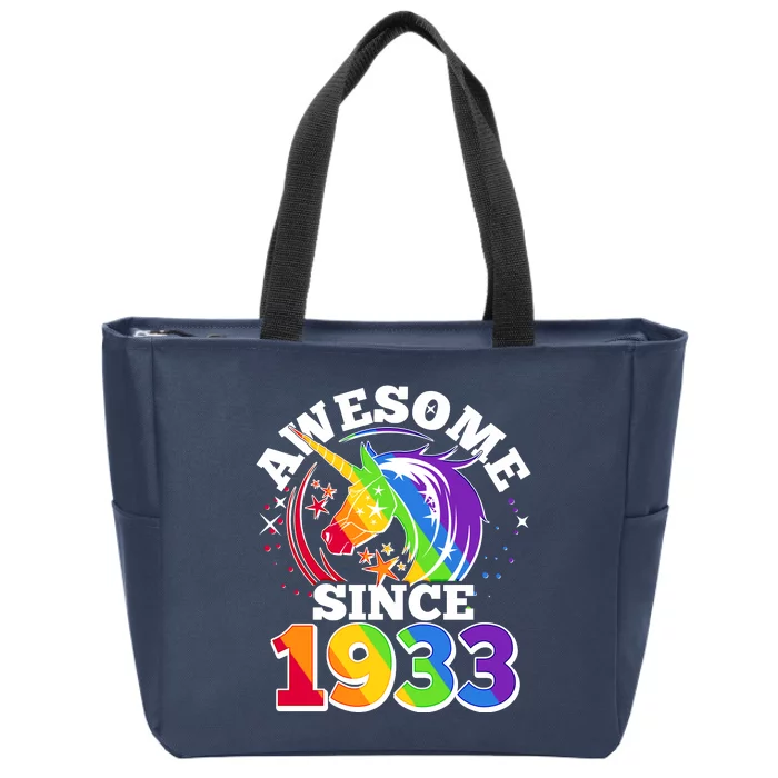 Rainbow Unicorn Awesome Since 1933 90th Birthday Zip Tote Bag