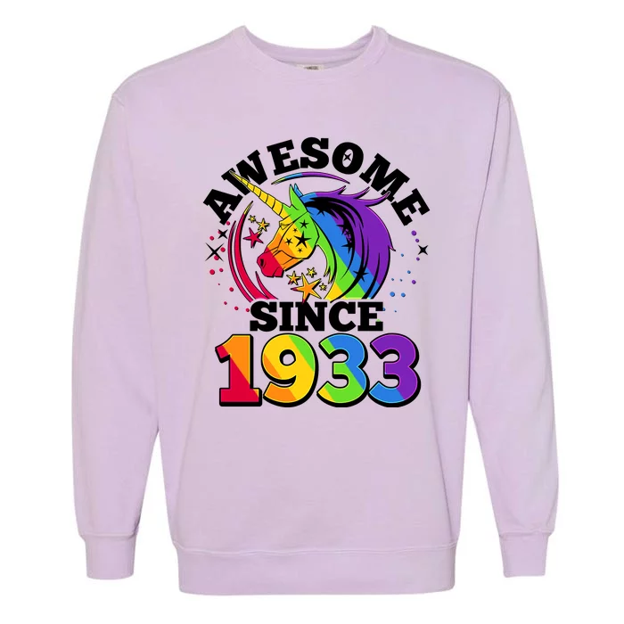 Rainbow Unicorn Awesome Since 1933 90th Birthday Garment-Dyed Sweatshirt