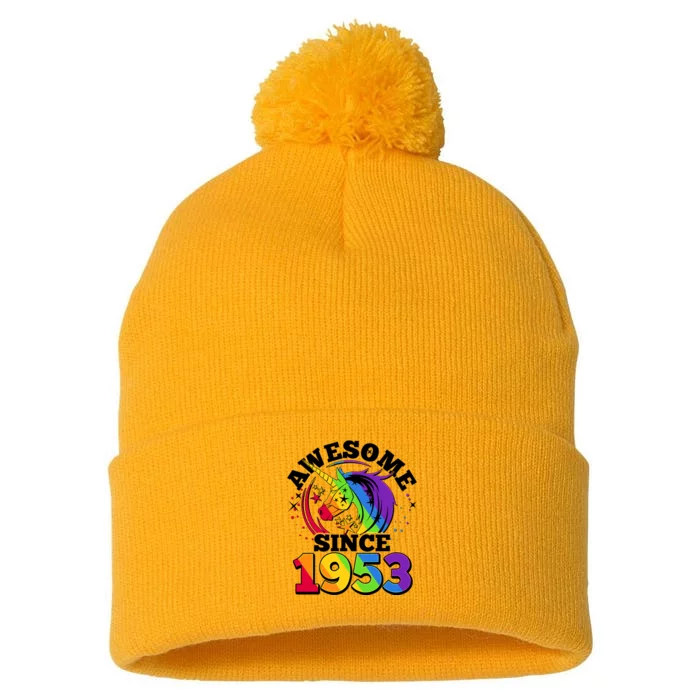 Rainbow Unicorn Awesome Since 1953 70th Birthday Pom Pom 12in Knit Beanie