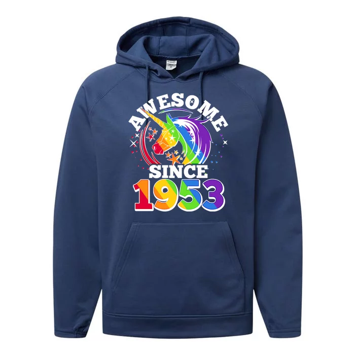 Rainbow Unicorn Awesome Since 1953 70th Birthday Performance Fleece Hoodie