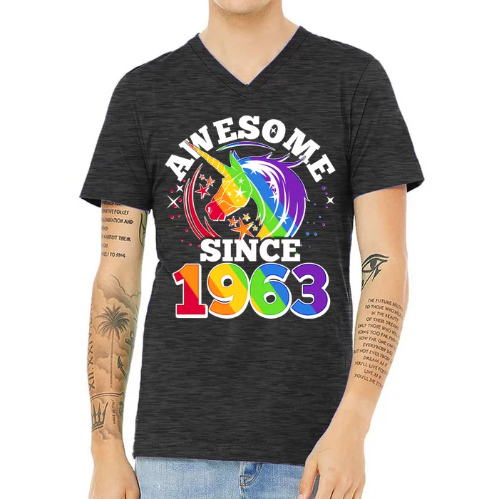 Rainbow Unicorn Awesome Since 1963 60th Birthday V-Neck T-Shirt