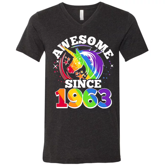 Rainbow Unicorn Awesome Since 1963 60th Birthday V-Neck T-Shirt