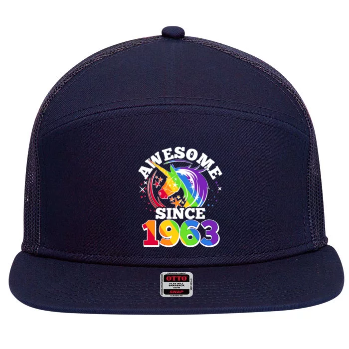 Rainbow Unicorn Awesome Since 1963 60th Birthday 7 Panel Mesh Trucker Snapback Hat