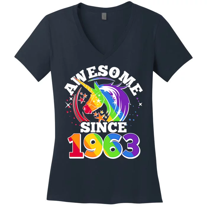 Rainbow Unicorn Awesome Since 1963 60th Birthday Women's V-Neck T-Shirt