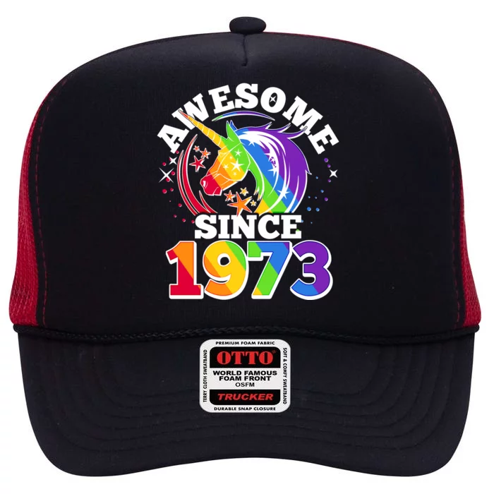 Rainbow Unicorn Awesome Since 1973 50th Birthday High Crown Mesh Trucker Hat