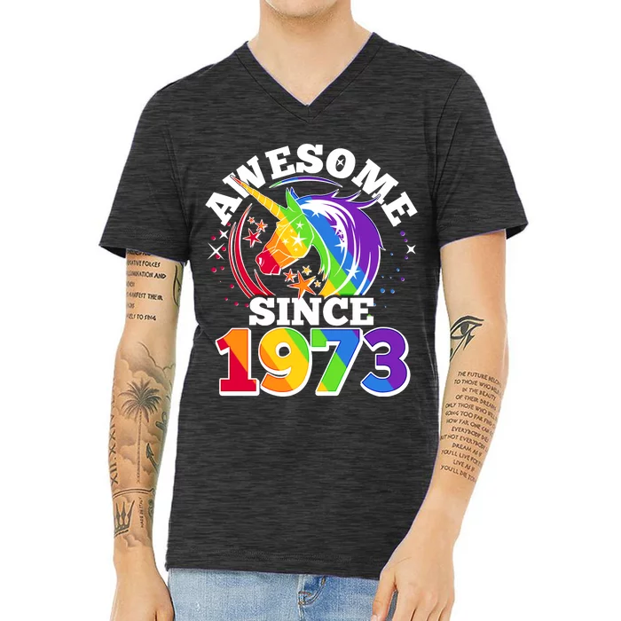 Rainbow Unicorn Awesome Since 1973 50th Birthday V-Neck T-Shirt