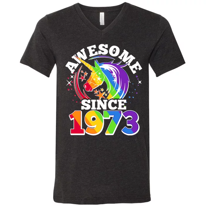 Rainbow Unicorn Awesome Since 1973 50th Birthday V-Neck T-Shirt