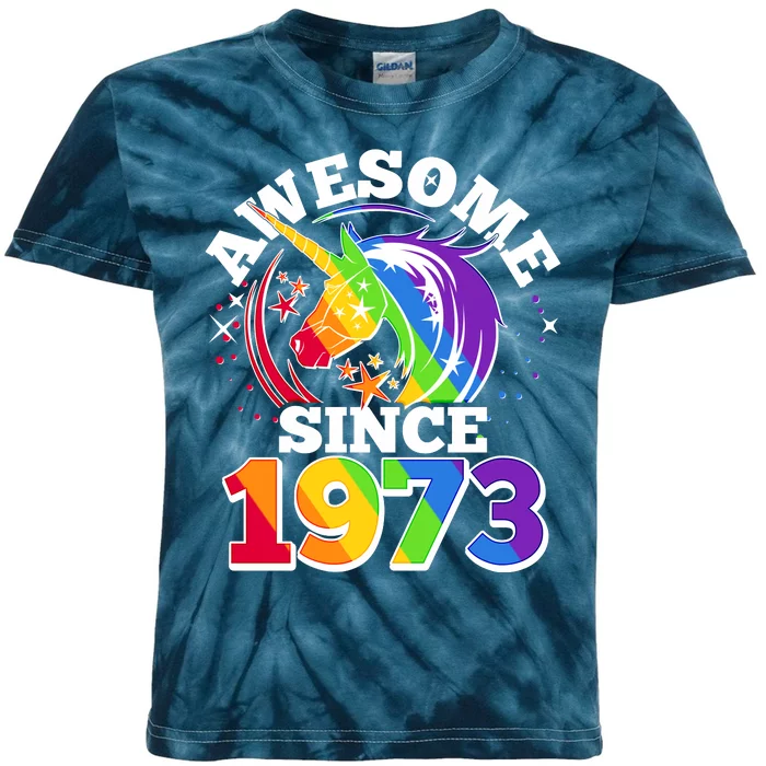 Rainbow Unicorn Awesome Since 1973 50th Birthday Kids Tie-Dye T-Shirt