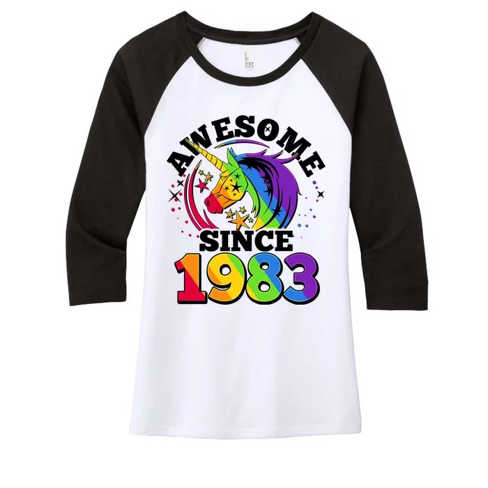 Rainbow Unicorn Awesome Since 1983 40th Birthday Women's Tri-Blend 3/4-Sleeve Raglan Shirt