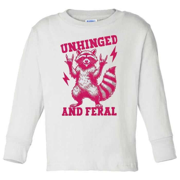 Raccoon Unhinged And Feral Retro Funny Raccoon Feral Summer Toddler Long Sleeve Shirt