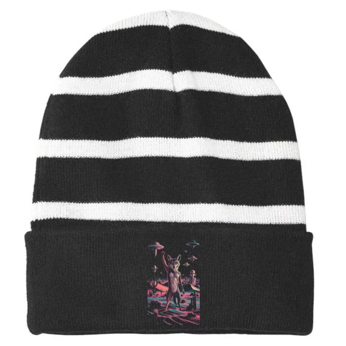 Retro Ufo Alien Wolf | Surreal Vintage Nevada Space Striped Beanie with Solid Band