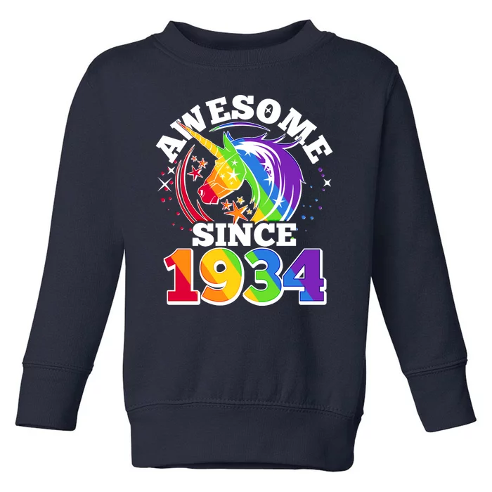 Rainbow Unicorn Awesome Since 1934 90th Birthday Toddler Sweatshirt