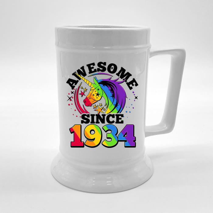 Rainbow Unicorn Awesome Since 1934 90th Birthday Front & Back Beer Stein